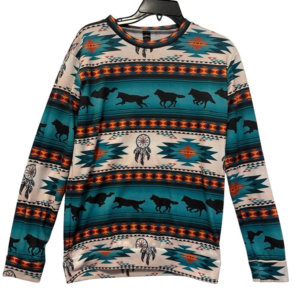 Southwestern Wolf Print Sweatshirt Medium Western Aztec